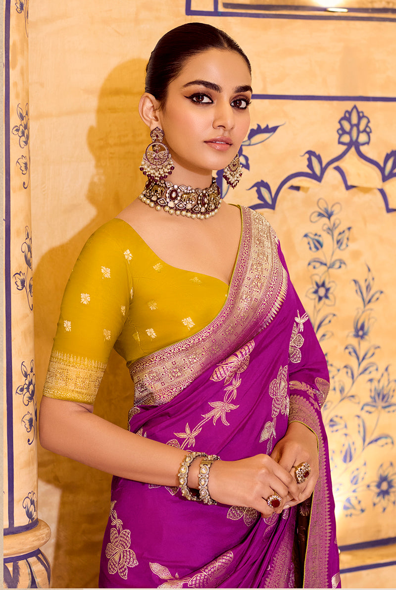 Magenta Crepe Silk with Zari Weaving Saree - Monjolika Fashion
