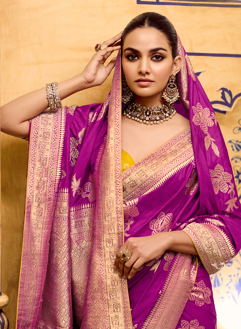 Magenta Crepe Silk with Zari Weaving Saree - Monjolika Fashion