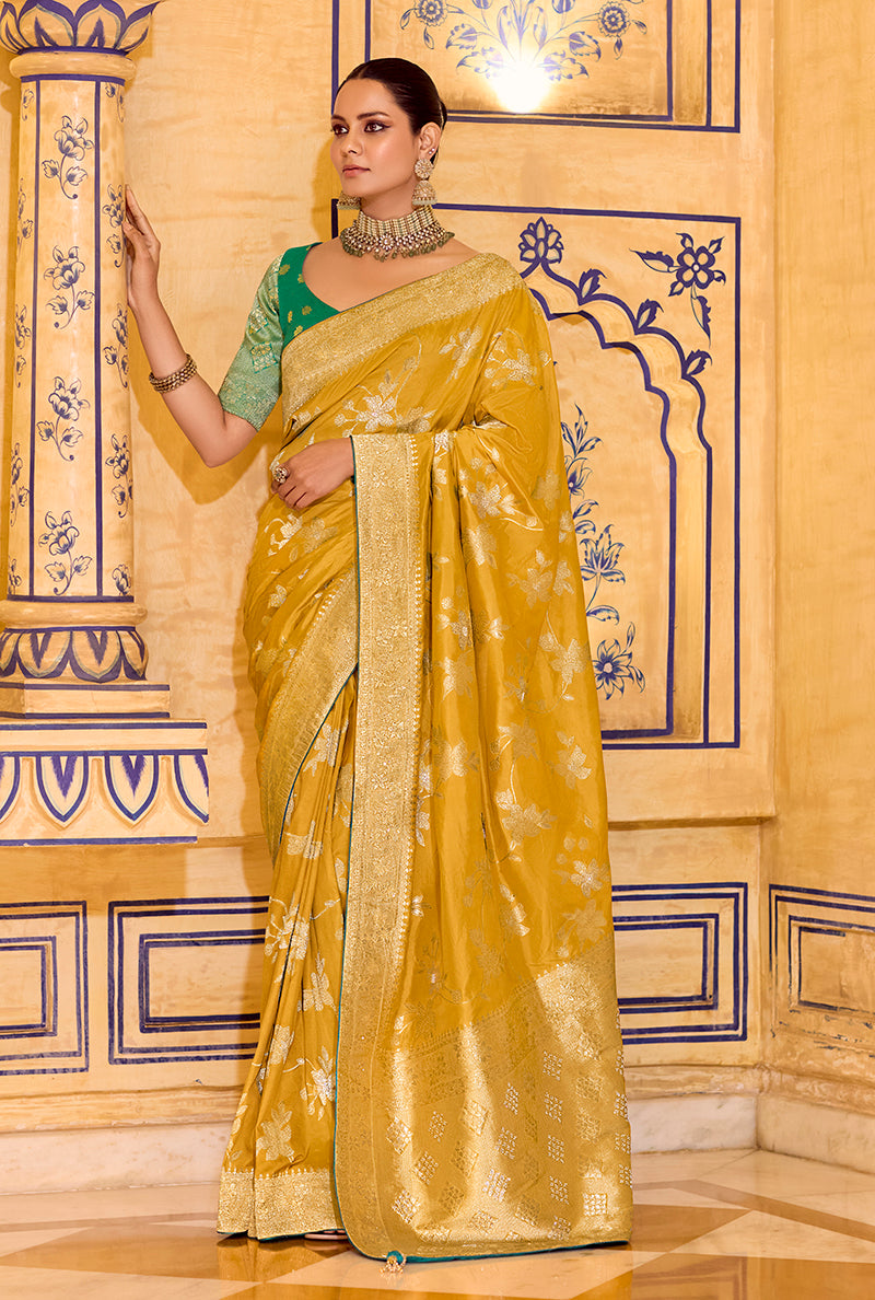 Mustard Crepe Silk with Zari Weaving Saree - Monjolika Fashion