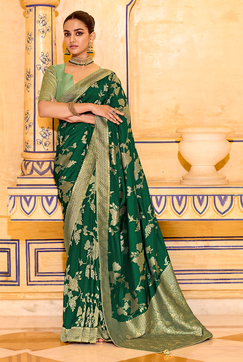 Dark Green Crepe Silk with Zari Weaving Saree - Monjolika Fashion