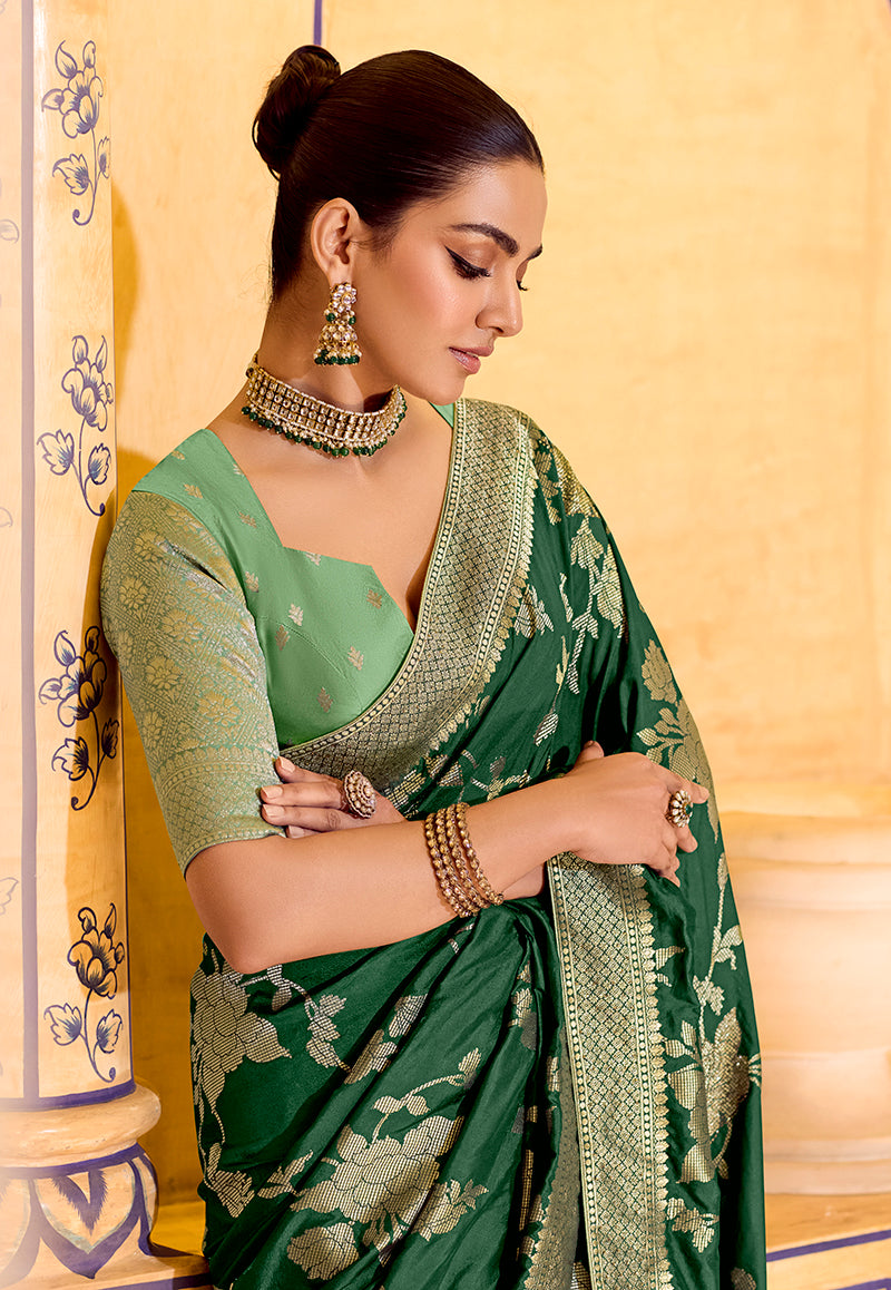 Dark Green Crepe Silk with Zari Weaving Saree - Monjolika Fashion