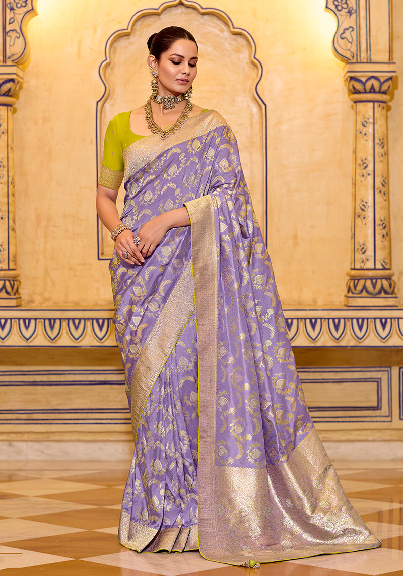 Lavender Crepe Silk with Zari Weaving Saree - Monjolika Fashion
