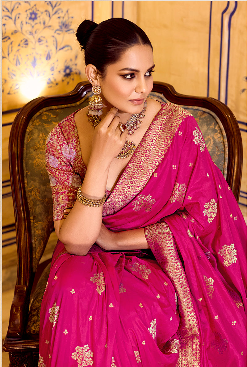Rani Pink Crepe Silk with Zari Weaving Saree - Monjolika Fashion