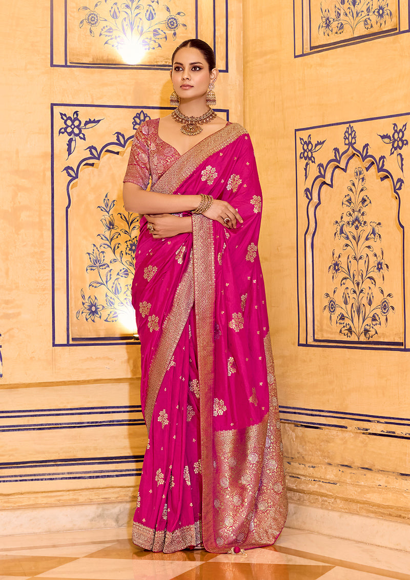 Rani Pink Crepe Silk with Zari Weaving Saree - Monjolika Fashion