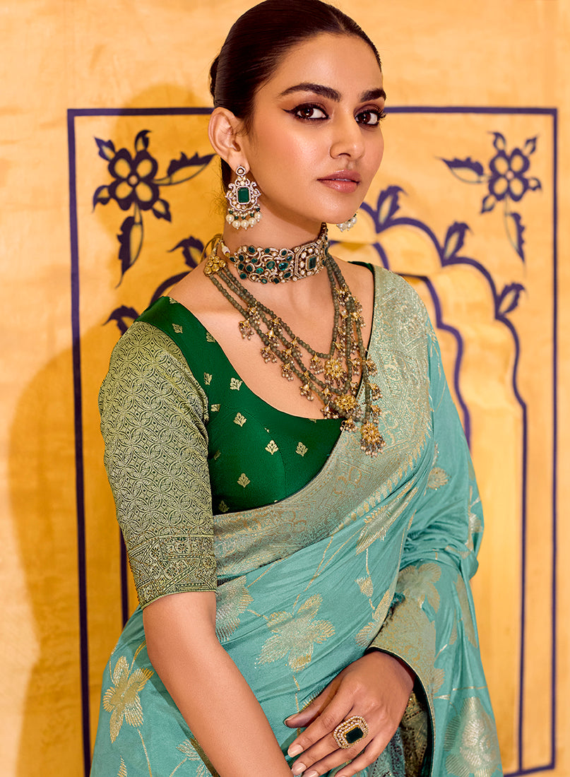 Sea Green Crepe Silk with Zari Weaving Saree - Monjolika Fashion