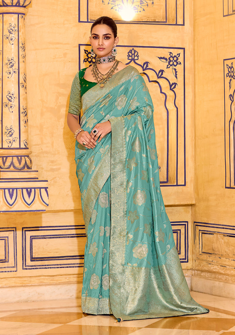 Sea Green Crepe Silk with Zari Weaving Saree - Monjolika Fashion