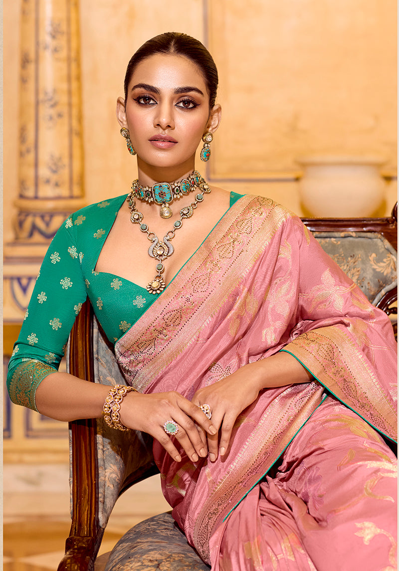 Baby Pink Crepe Silk with Zari Weaving Saree - Monjolika Fashion