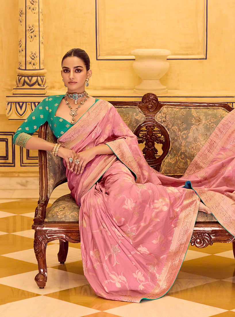 Baby Pink Crepe Silk with Zari Weaving Saree - Monjolika Fashion