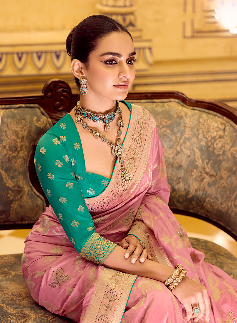 Baby Pink Crepe Silk with Zari Weaving Saree - Monjolika Fashion