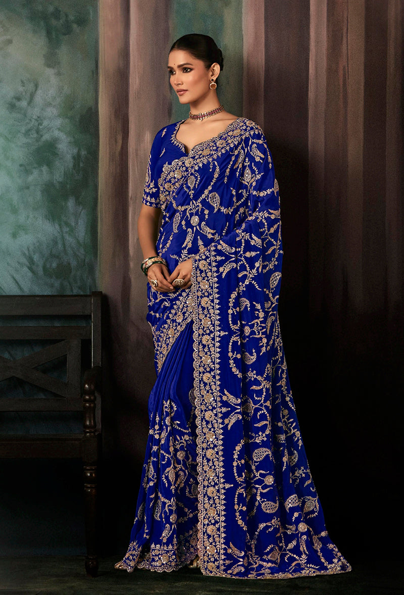 Royal Blue Faux Crepe Embroidery Border Saree - Monjolika Fashion