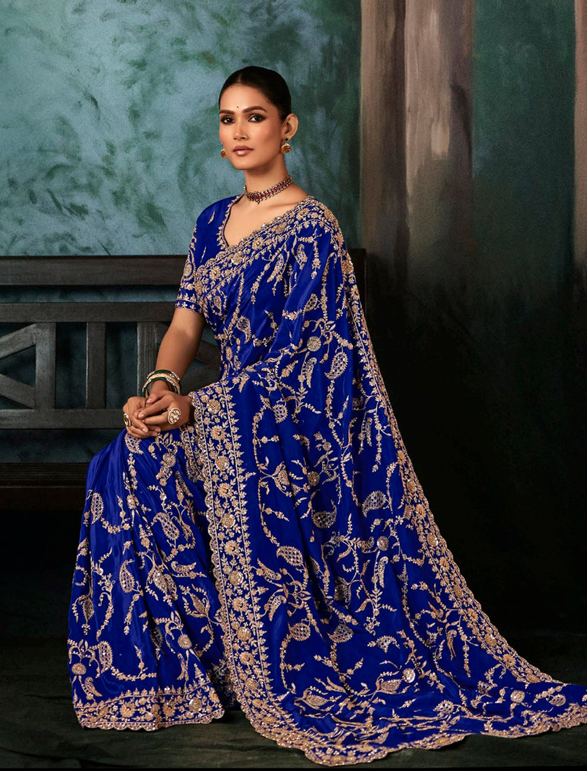 Royal Blue Faux Crepe Embroidery Border Saree - Monjolika Fashion