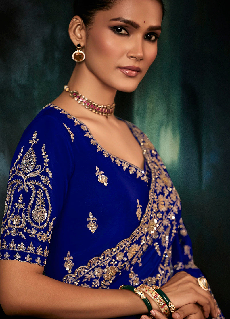 Royal Blue Faux Crepe Embroidery Border Saree - Monjolika Fashion