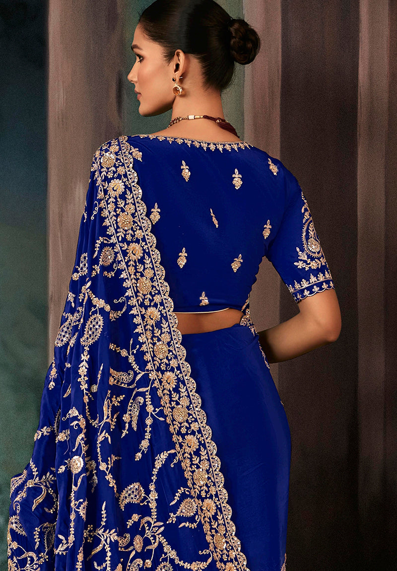 Royal Blue Faux Crepe Embroidery Border Saree - Monjolika Fashion