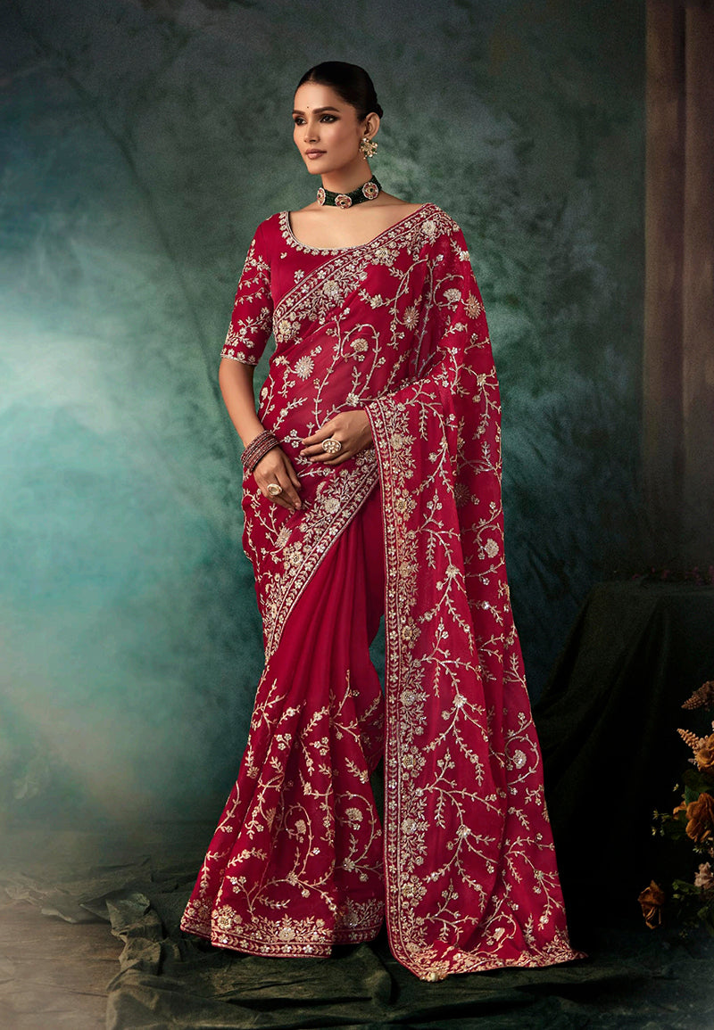 Burgundy Faux Crepe Embroidery Bridal Heavy Border Saree - Monjolika Fashion