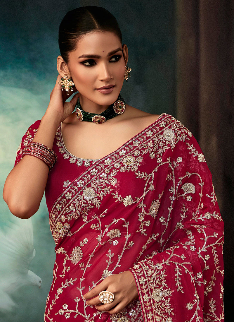 Burgundy Faux Crepe Embroidery Bridal Heavy Border Saree - Monjolika Fashion