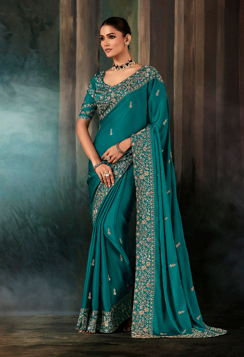 Teal Faux Satin Embroidery Heavy Border Saree - Monjolika Fashion