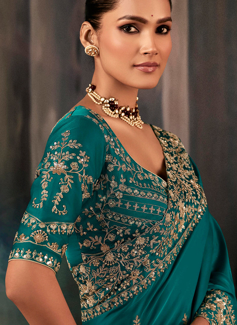 Teal Faux Satin Embroidery Heavy Border Saree - Monjolika Fashion