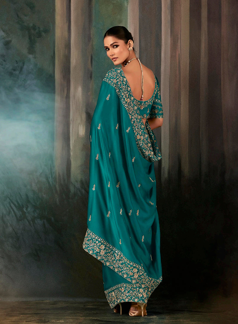 Teal Faux Satin Embroidery Heavy Border Saree - Monjolika Fashion
