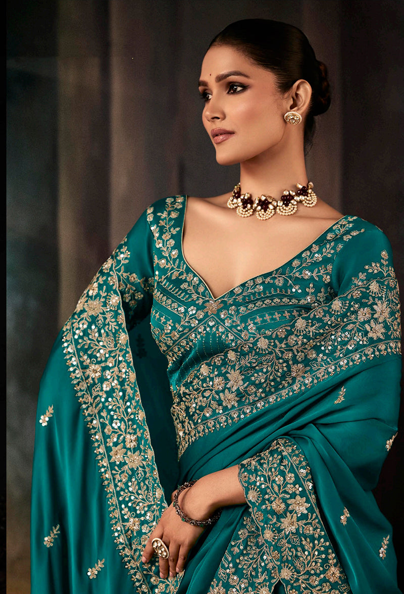 Teal Faux Satin Embroidery Heavy Border Saree - Monjolika Fashion
