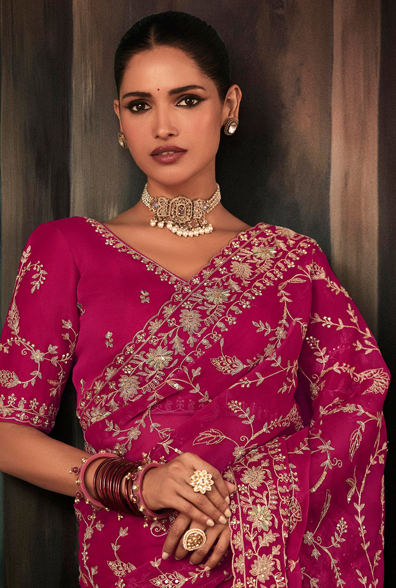 Rani Pink Faux Crepe Embroidery Heavy Border Saree - Monjolika Fashion