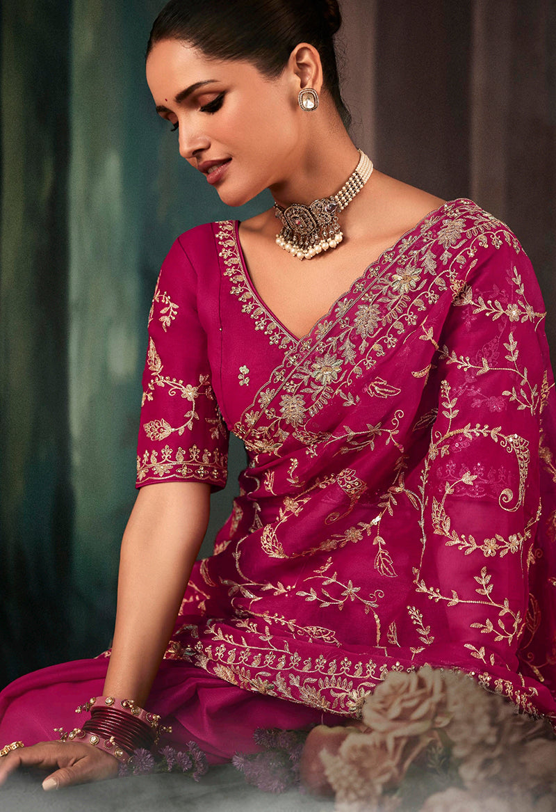 Rani Pink Faux Crepe Embroidery Heavy Border Saree - Monjolika Fashion