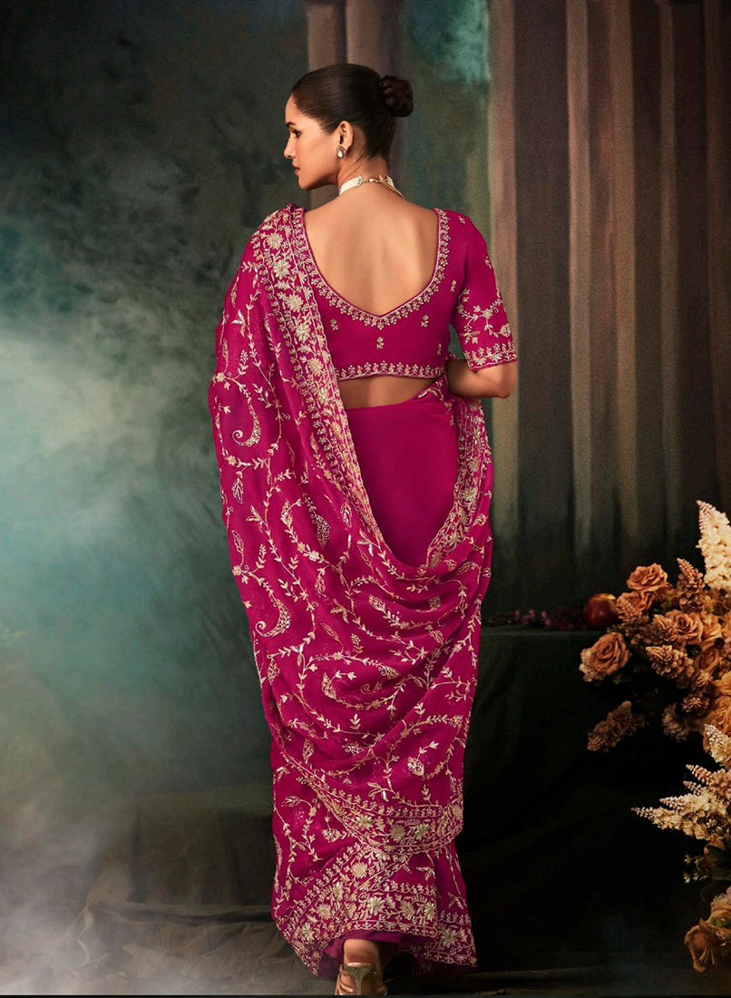 Rani Pink Faux Crepe Embroidery Heavy Border Saree - Monjolika Fashion