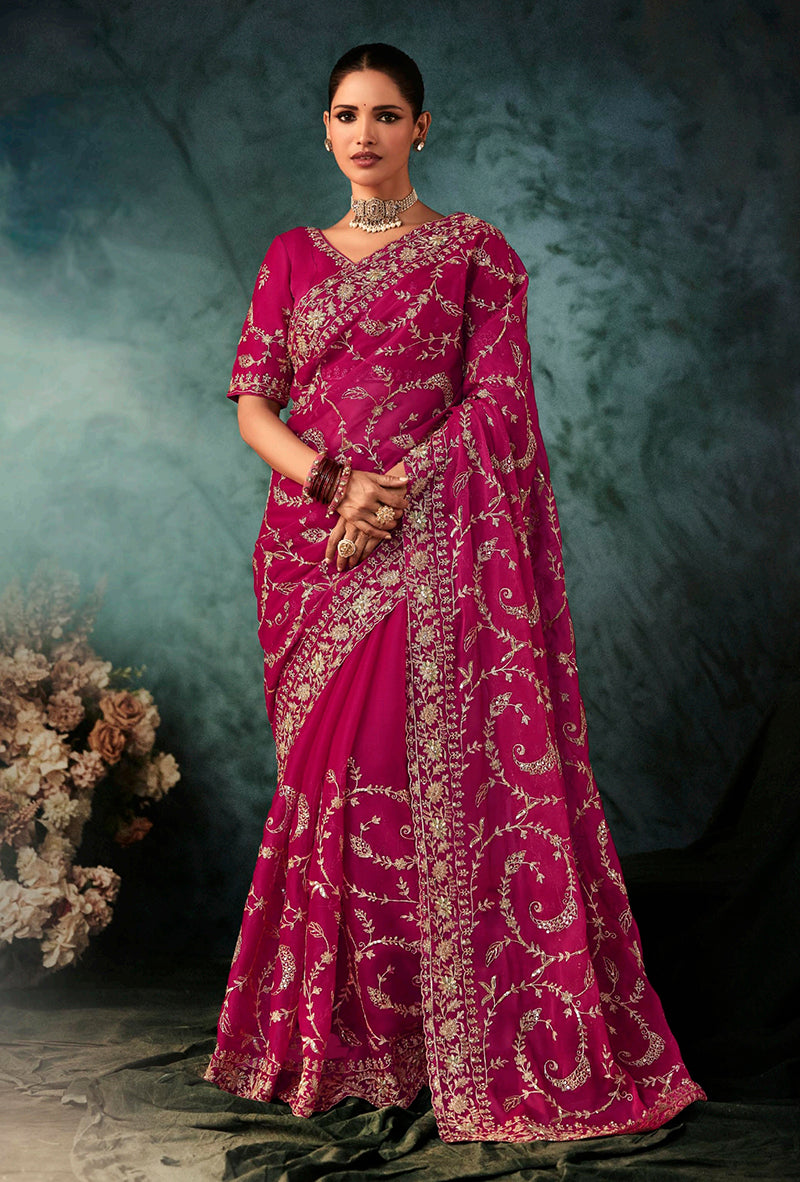Rani Pink Faux Crepe Embroidery Heavy Border Saree - Monjolika Fashion