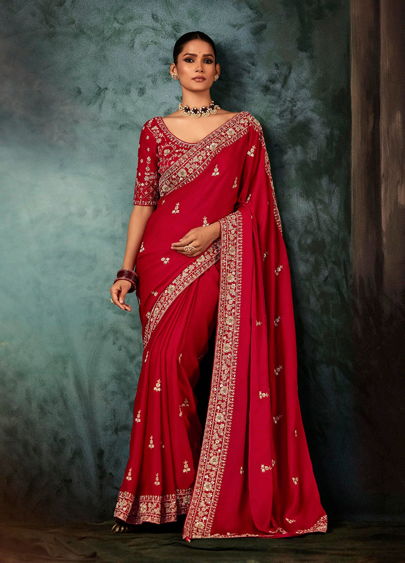 Red Fancy Fabric Embroidery Heavy Border Saree - Monjolika Fashion