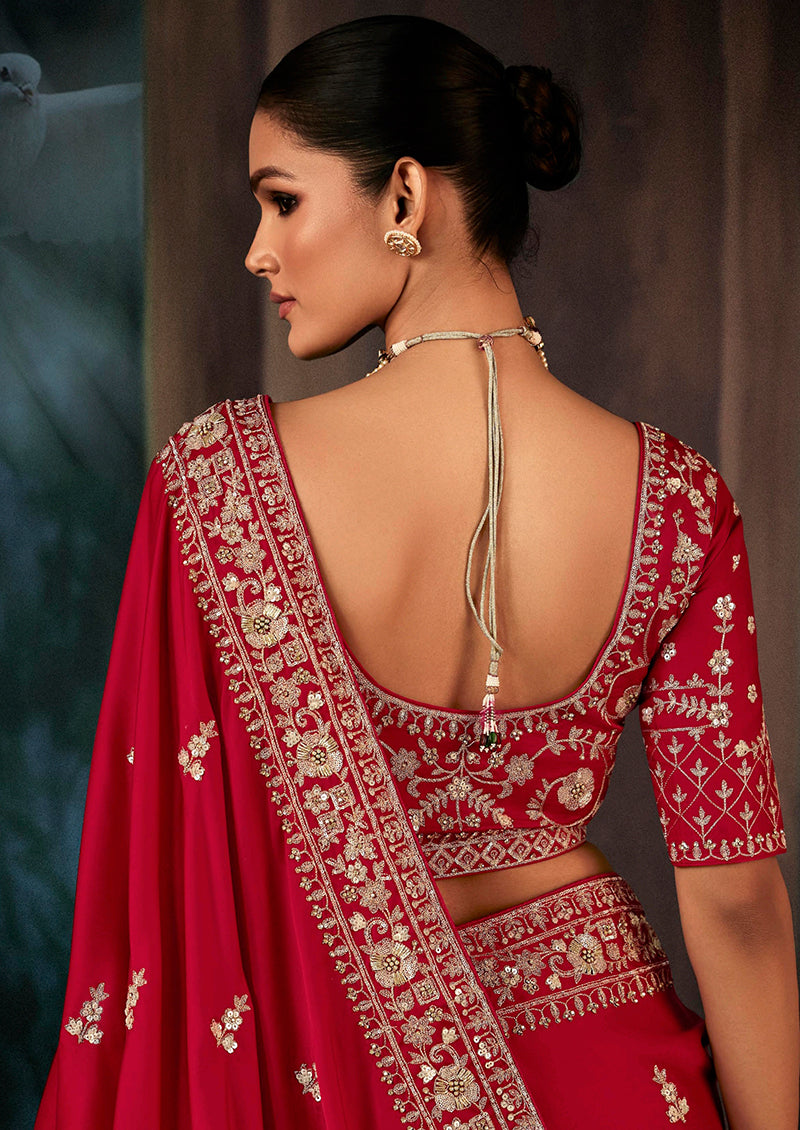 Red Fancy Fabric Embroidery Heavy Border Saree - Monjolika Fashion