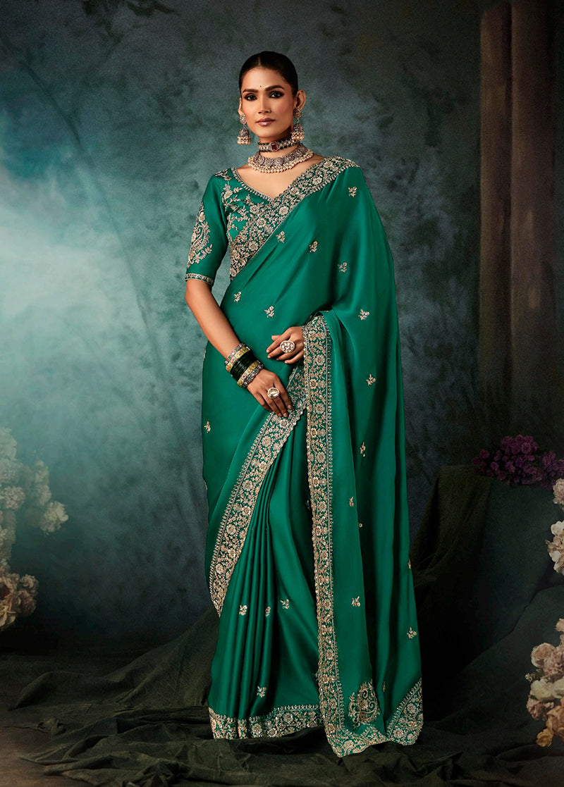 Teal Green Faux Satin Embroidery Heavy Border Saree - Monjolika Fashion