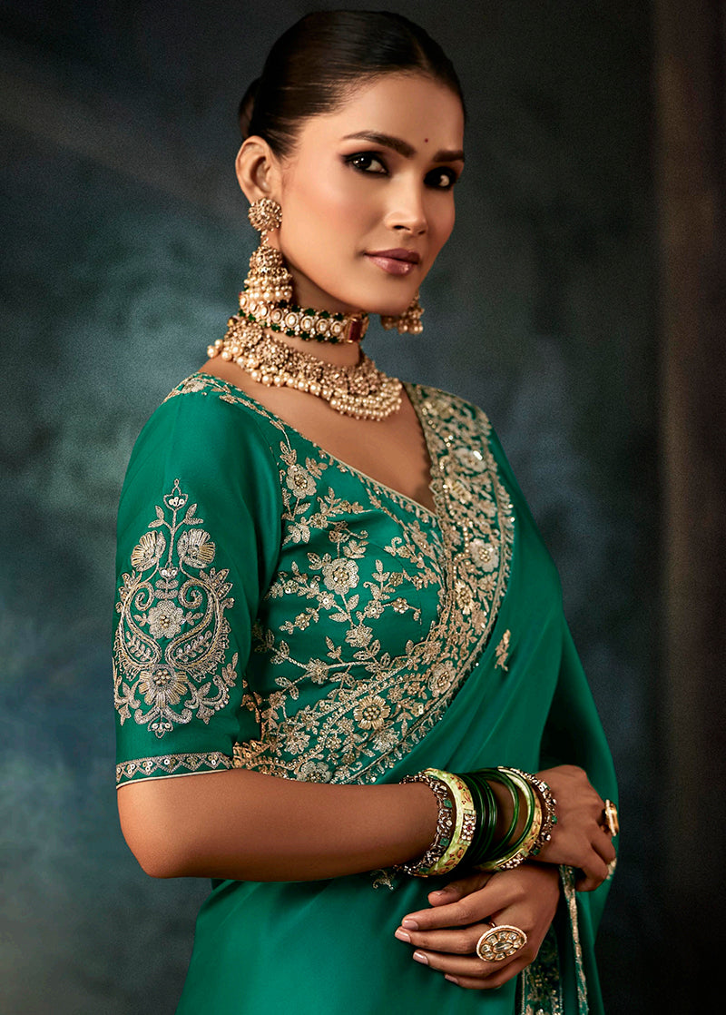 Teal Green Faux Satin Embroidery Heavy Border Saree - Monjolika Fashion
