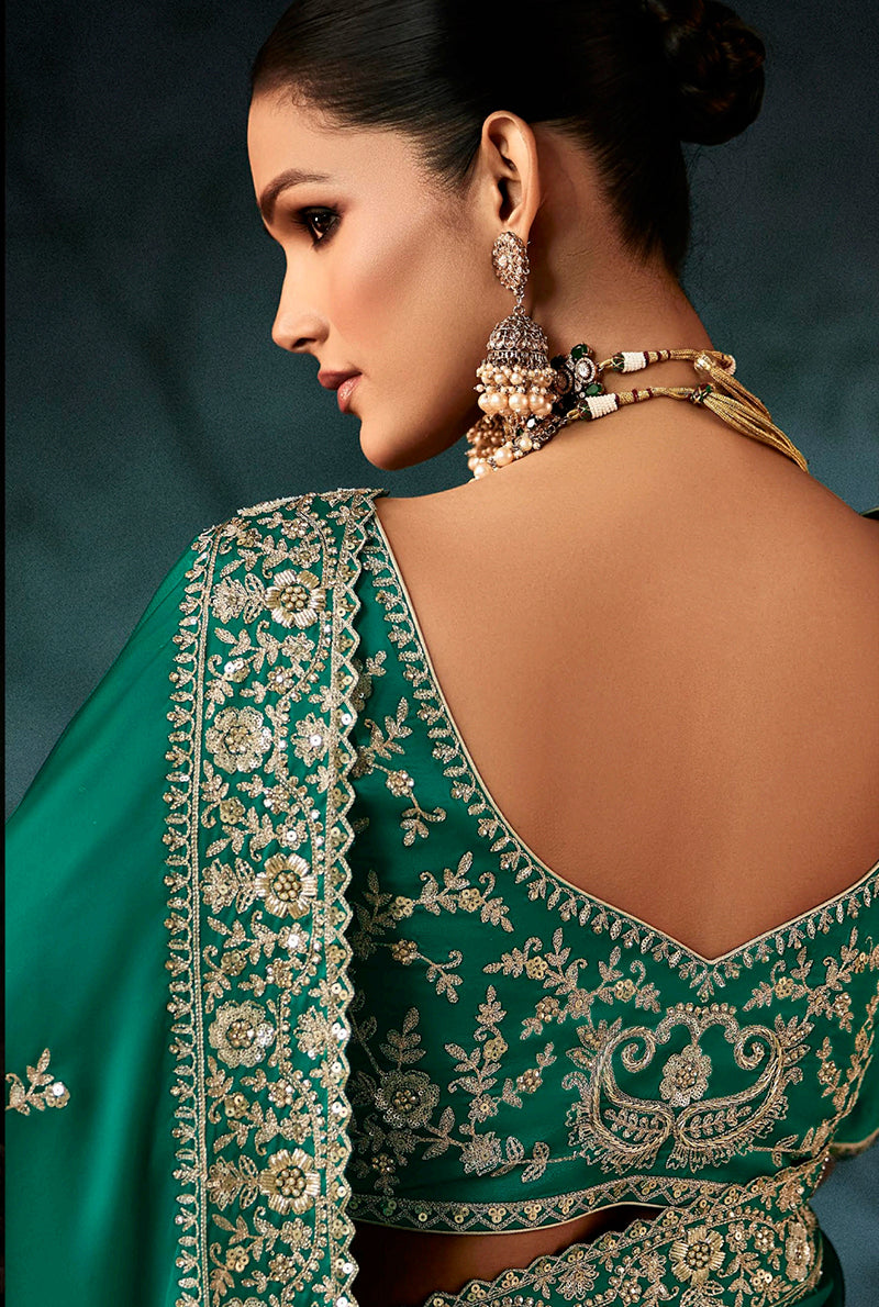 Teal Green Faux Satin Embroidery Heavy Border Saree - Monjolika Fashion