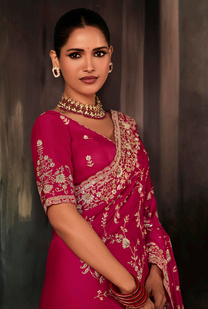 Rani Pink Faux Satin Embroidery Heavy Border Saree - Monjolika Fashion