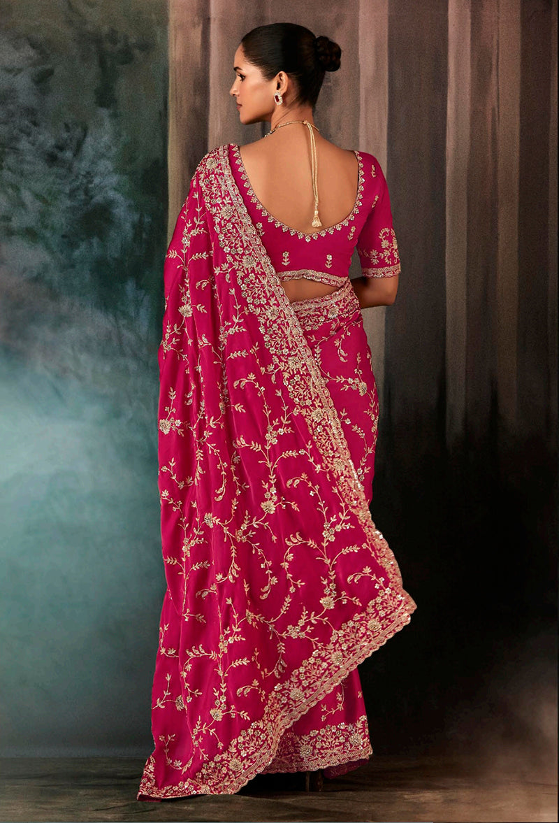 Rani Pink Faux Satin Embroidery Heavy Border Saree - Monjolika Fashion