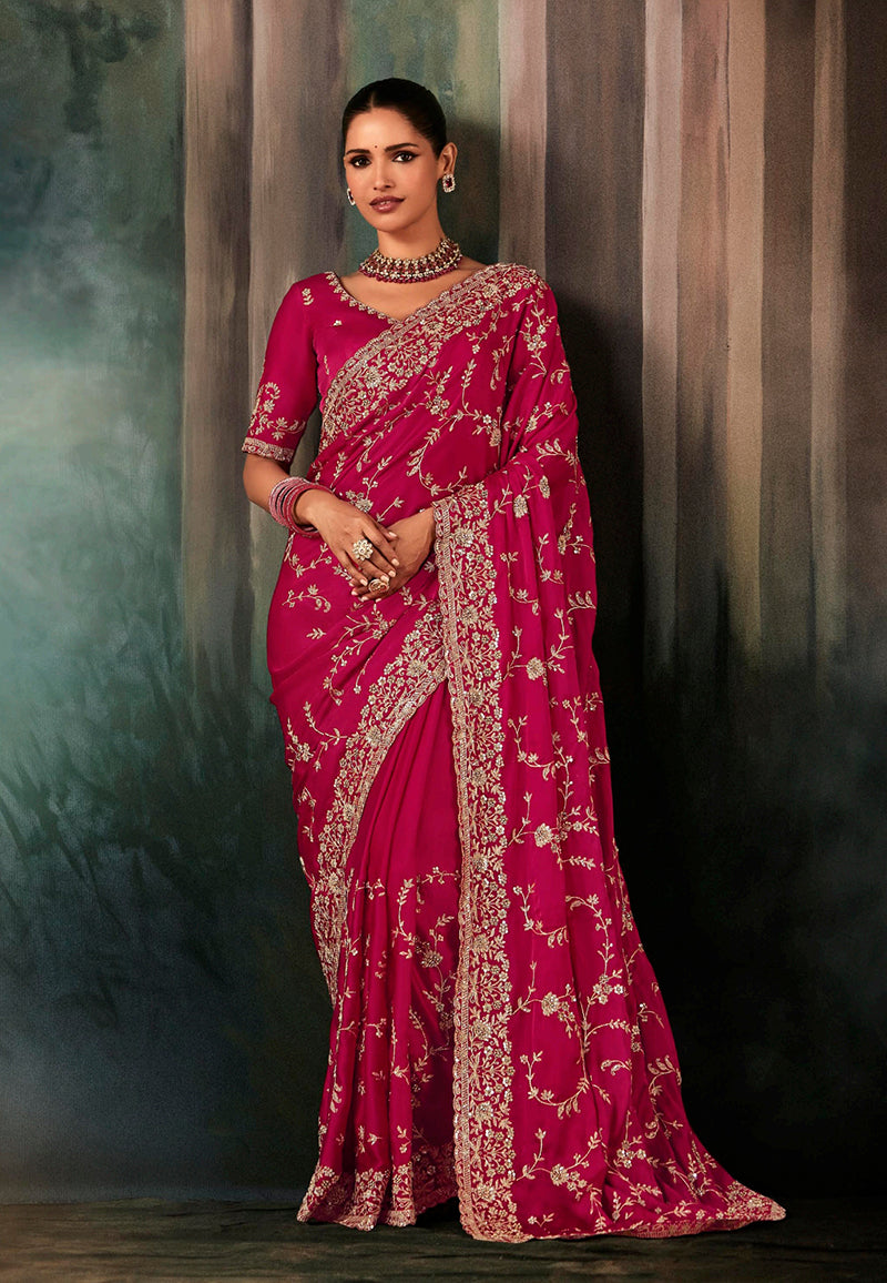 Rani Pink Faux Satin Embroidery Heavy Border Saree - Monjolika Fashion