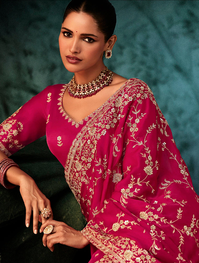 Rani Pink Faux Satin Embroidery Heavy Border Saree - Monjolika Fashion