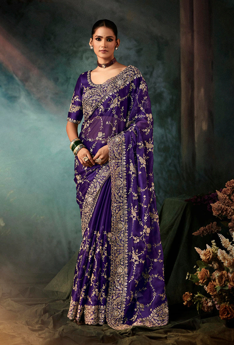 Purple Faux Crepe Embroidery Heavy Border Saree - Monjolika Fashion