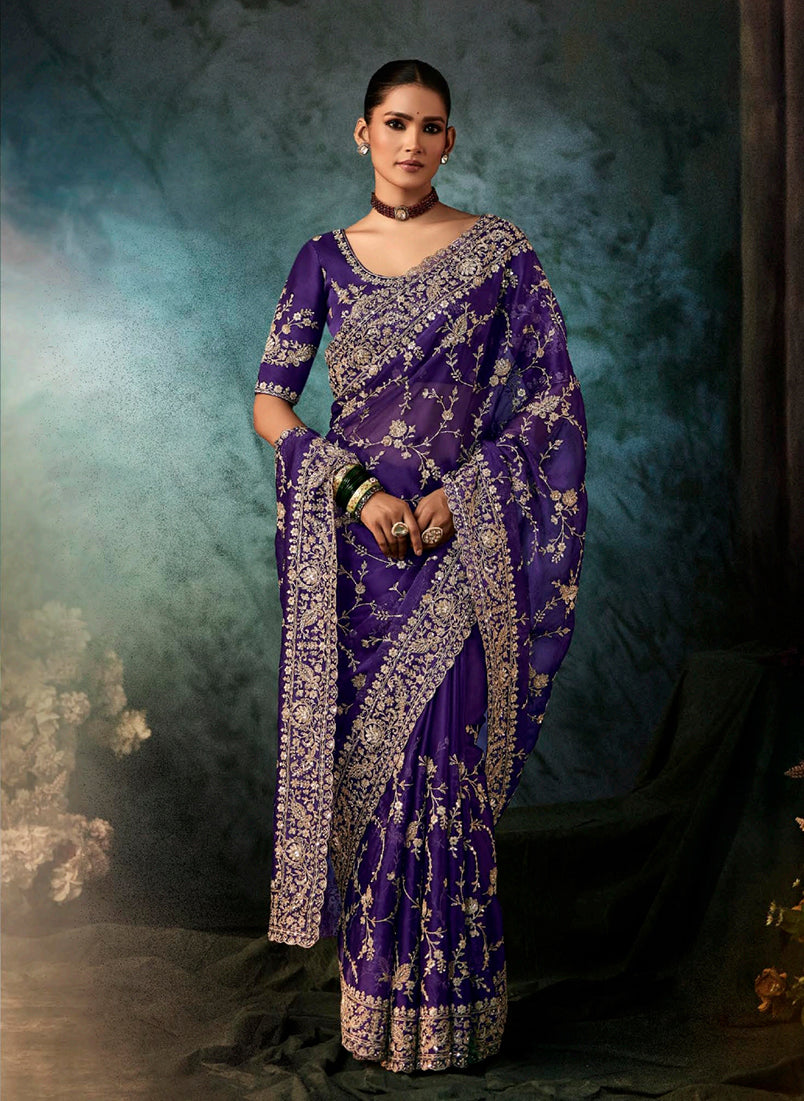 Purple Faux Crepe Embroidery Heavy Border Saree - Monjolika Fashion