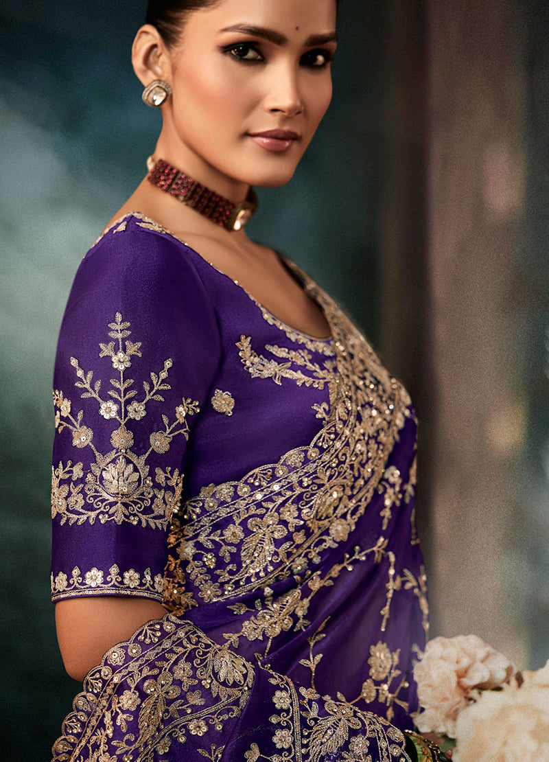 Purple Faux Crepe Embroidery Heavy Border Saree - Monjolika Fashion