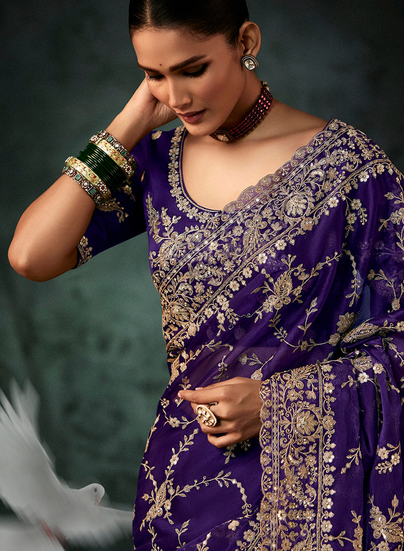 Purple Faux Crepe Embroidery Heavy Border Saree - Monjolika Fashion