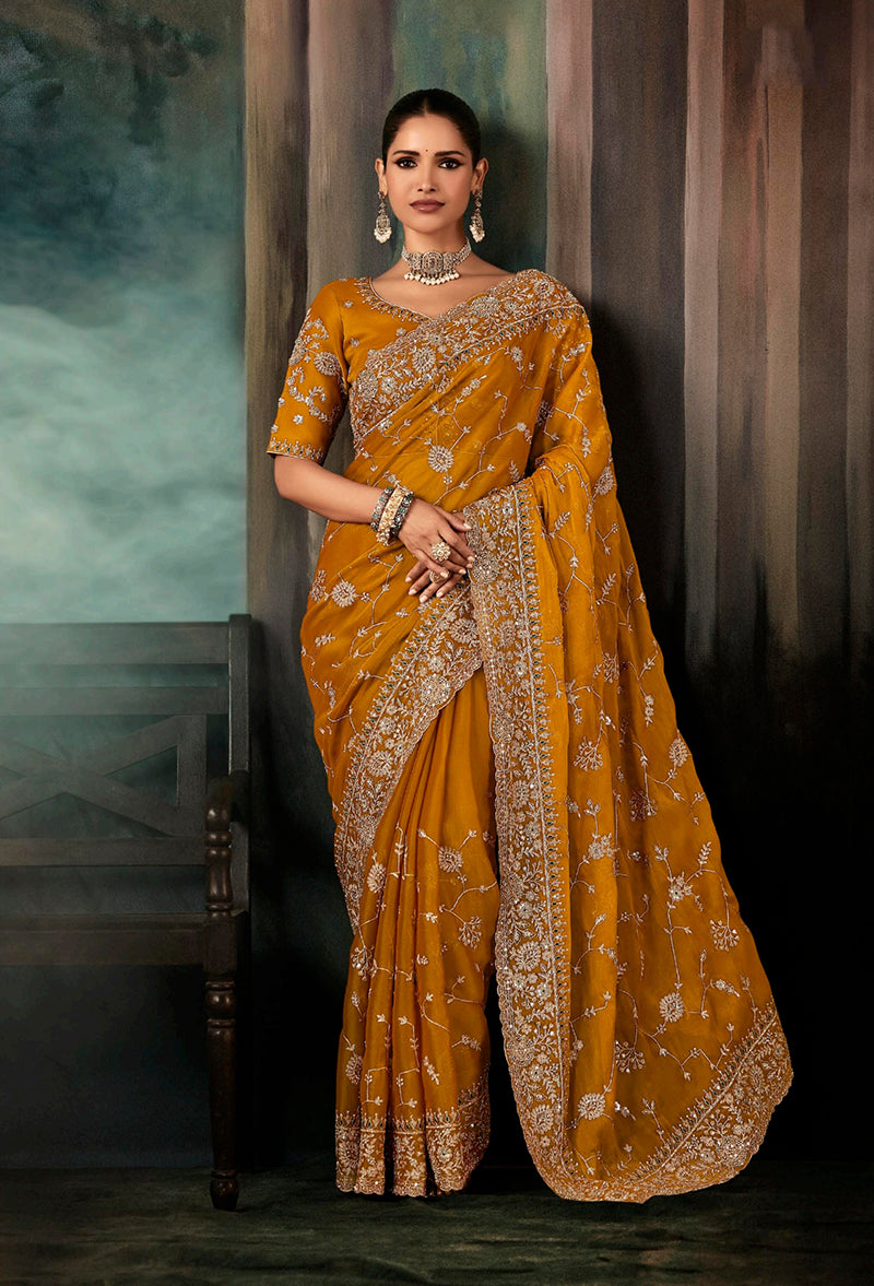 Orange Fancy Fabric Embroidery Heavy Border Saree - Monjolika Fashion