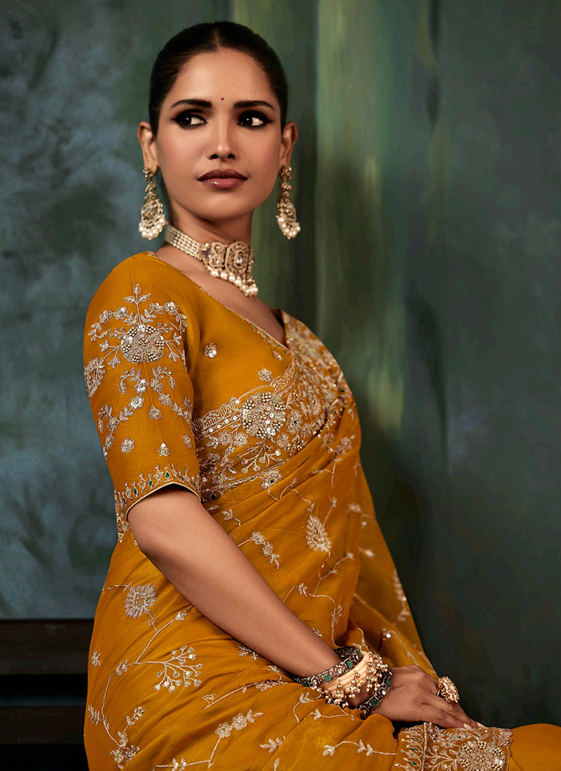 Orange Fancy Fabric Embroidery Heavy Border Saree - Monjolika Fashion