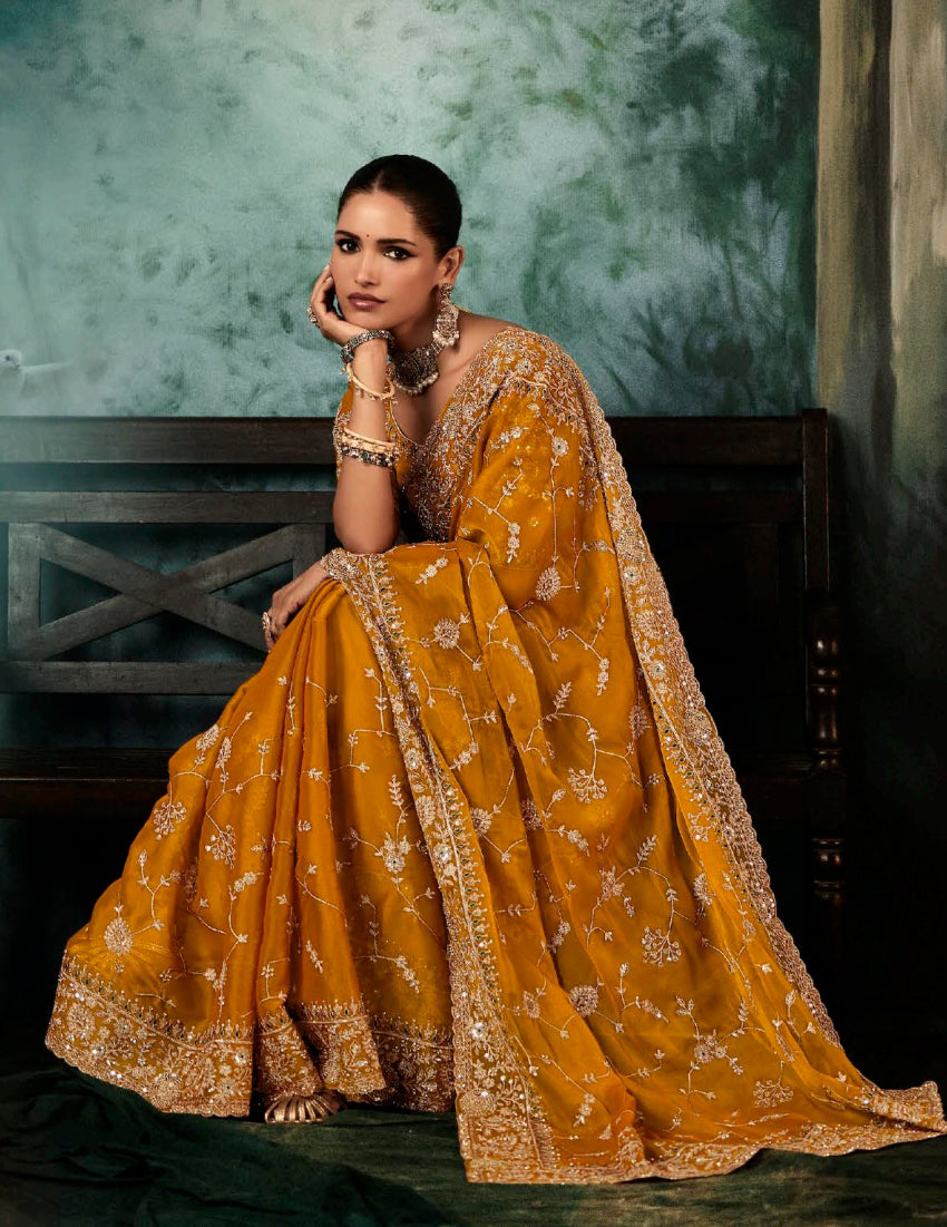 Orange Fancy Fabric Embroidery Heavy Border Saree - Monjolika Fashion