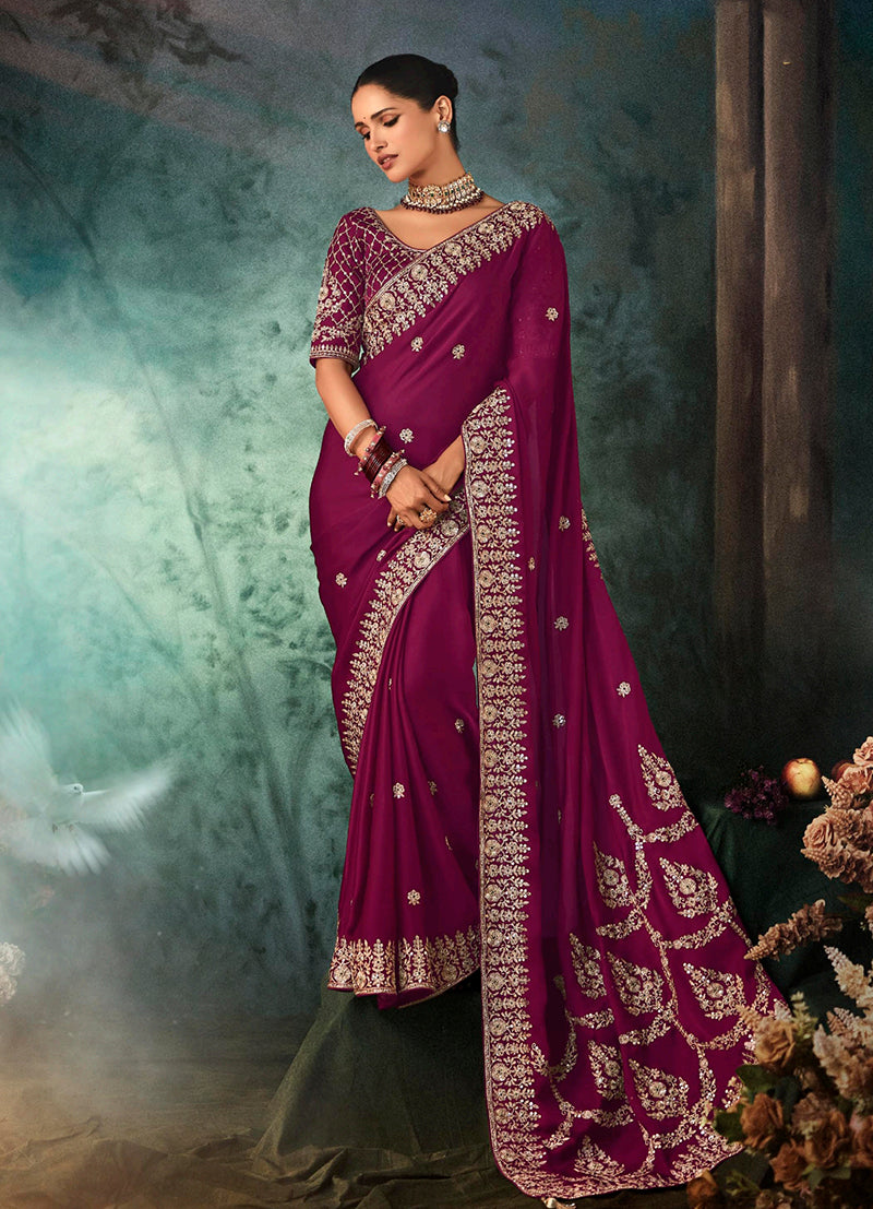 Burgundy Faux Satin Embroidery Heavy Border Saree - Monjolika Fashion