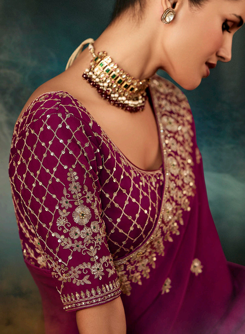 Burgundy Faux Satin Embroidery Heavy Border Saree - Monjolika Fashion