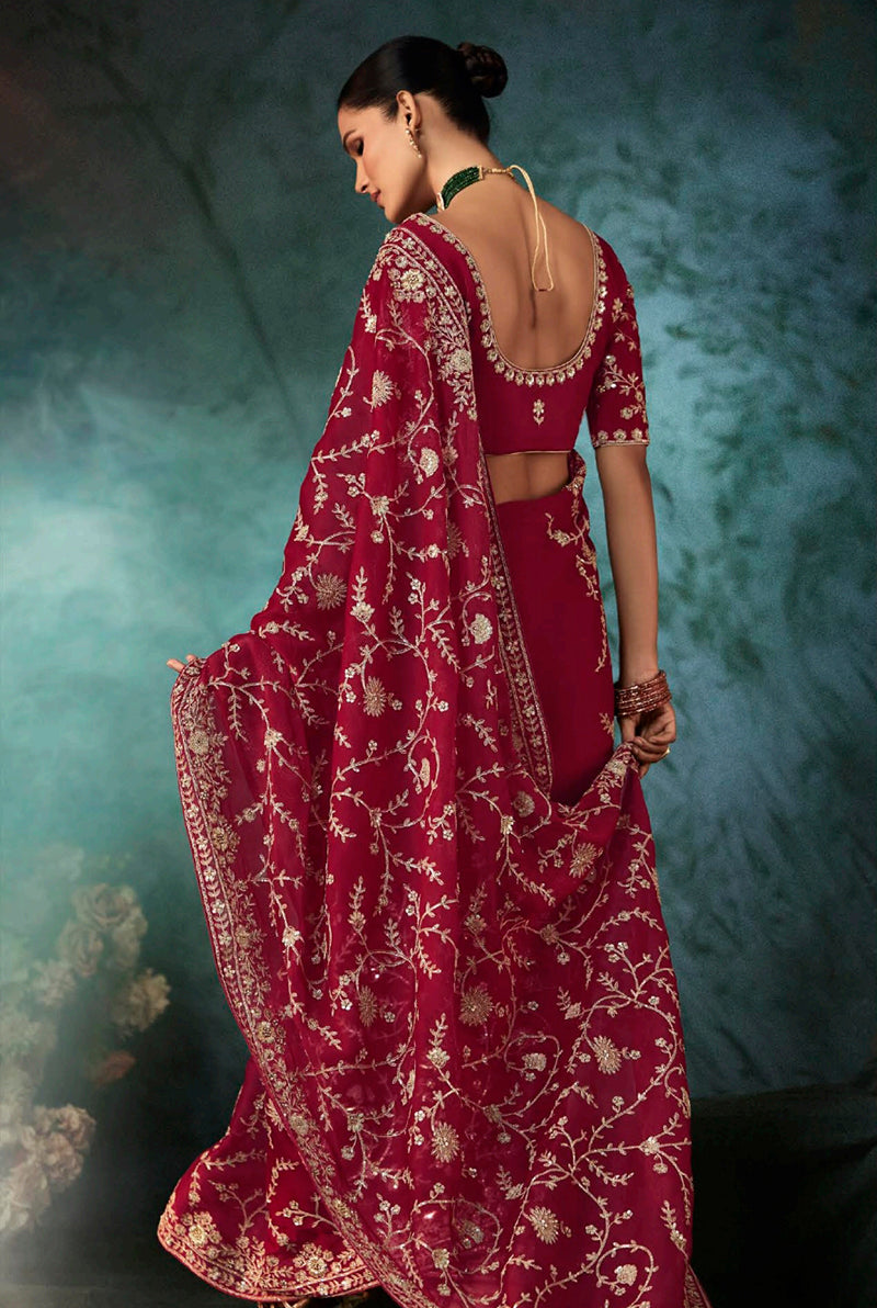 Burgundy Faux Satin Embroidery Heavy Border Saree - Monjolika Fashion