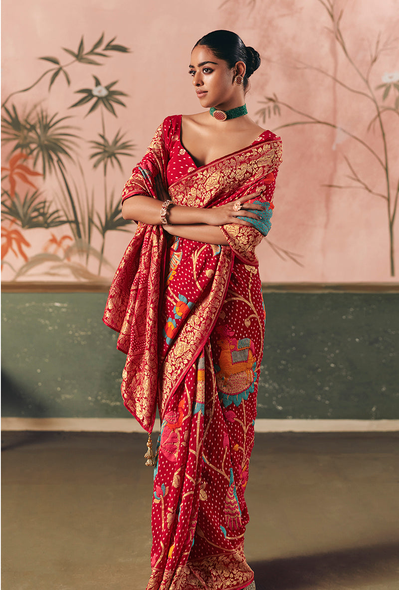 Red Bandhej Weaving Faux Khaddi Georgette Saree - Monjolika Fashion