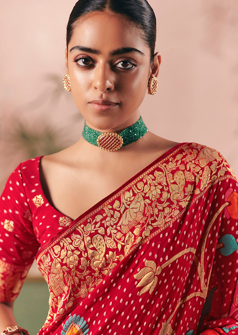 Red Bandhej Weaving Faux Khaddi Georgette Saree - Monjolika Fashion