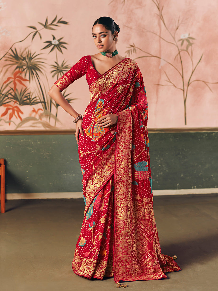 Red Bandhej Weaving Faux Khaddi Georgette Saree - Monjolika Fashion