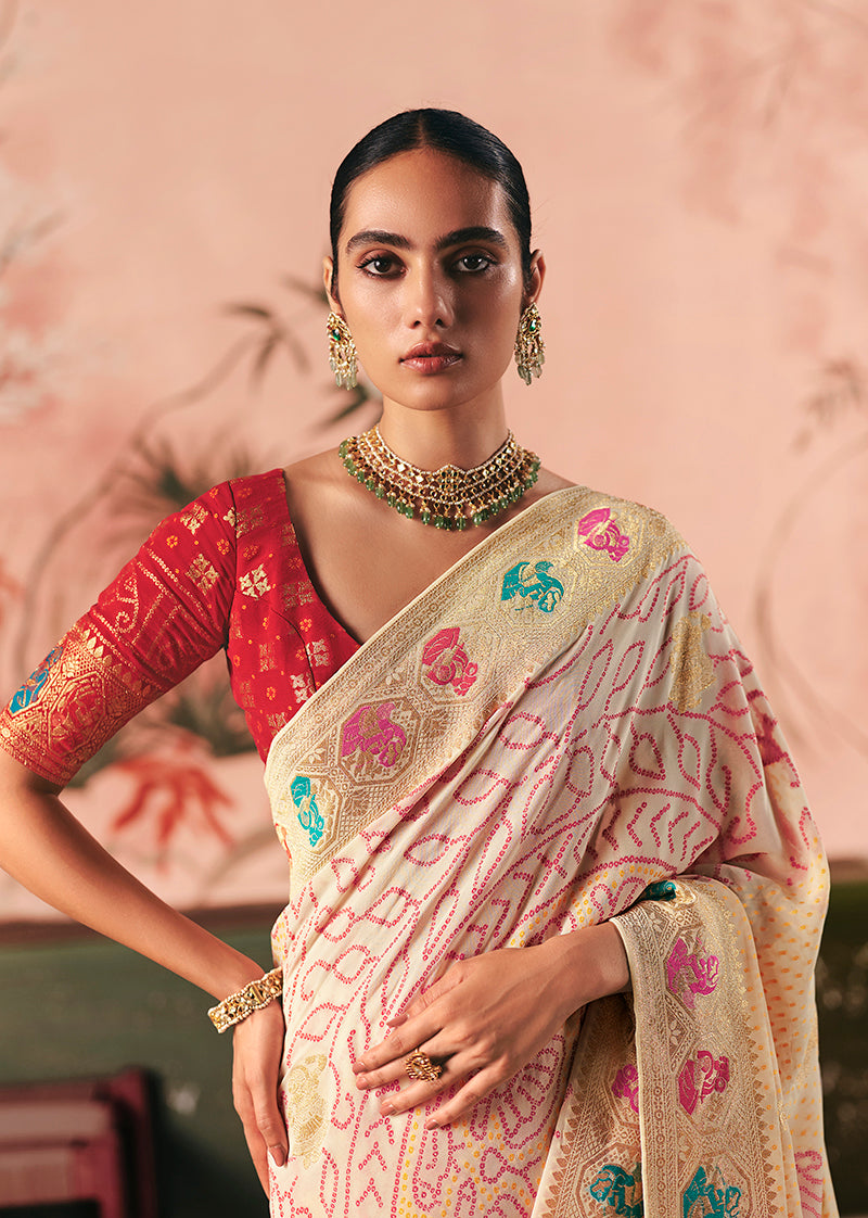 Off White Bandhej Weaving Khaddi Georgette Saree - Monjolika Fashion